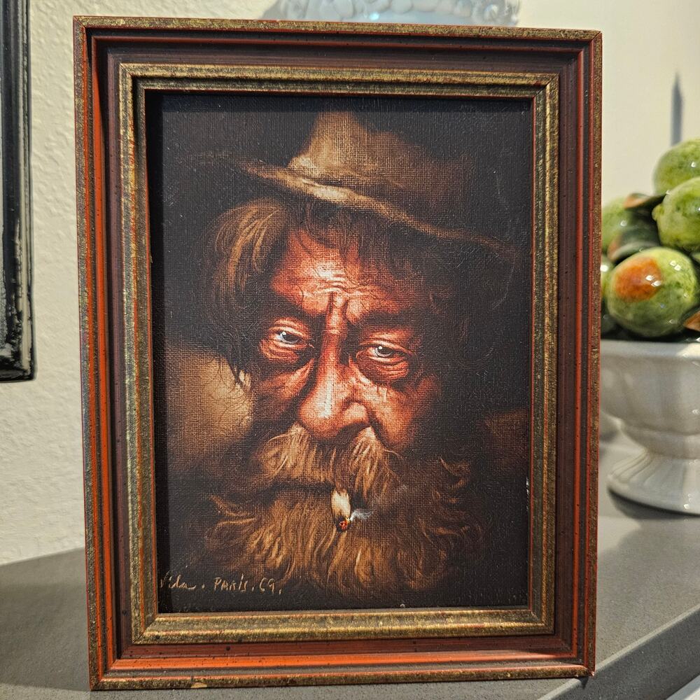 Vintage Set of  Framed Oil Paintings Vila Paris 1969 Old Man Pipe & Cigarette
